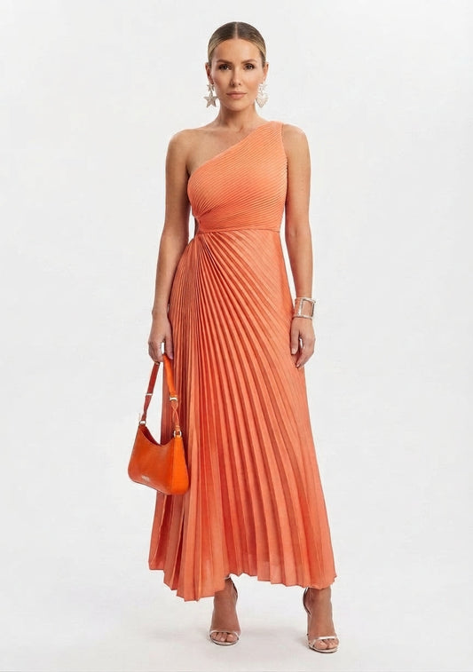 Vestido largo asimétrico con falda plisada para eventos de mujer