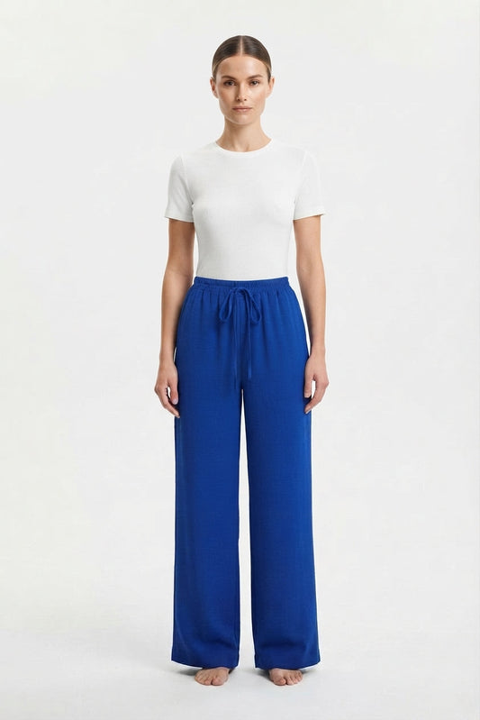 Pantalón fluido de pierna holgada con pretina ajustable y bolsillos para mujer